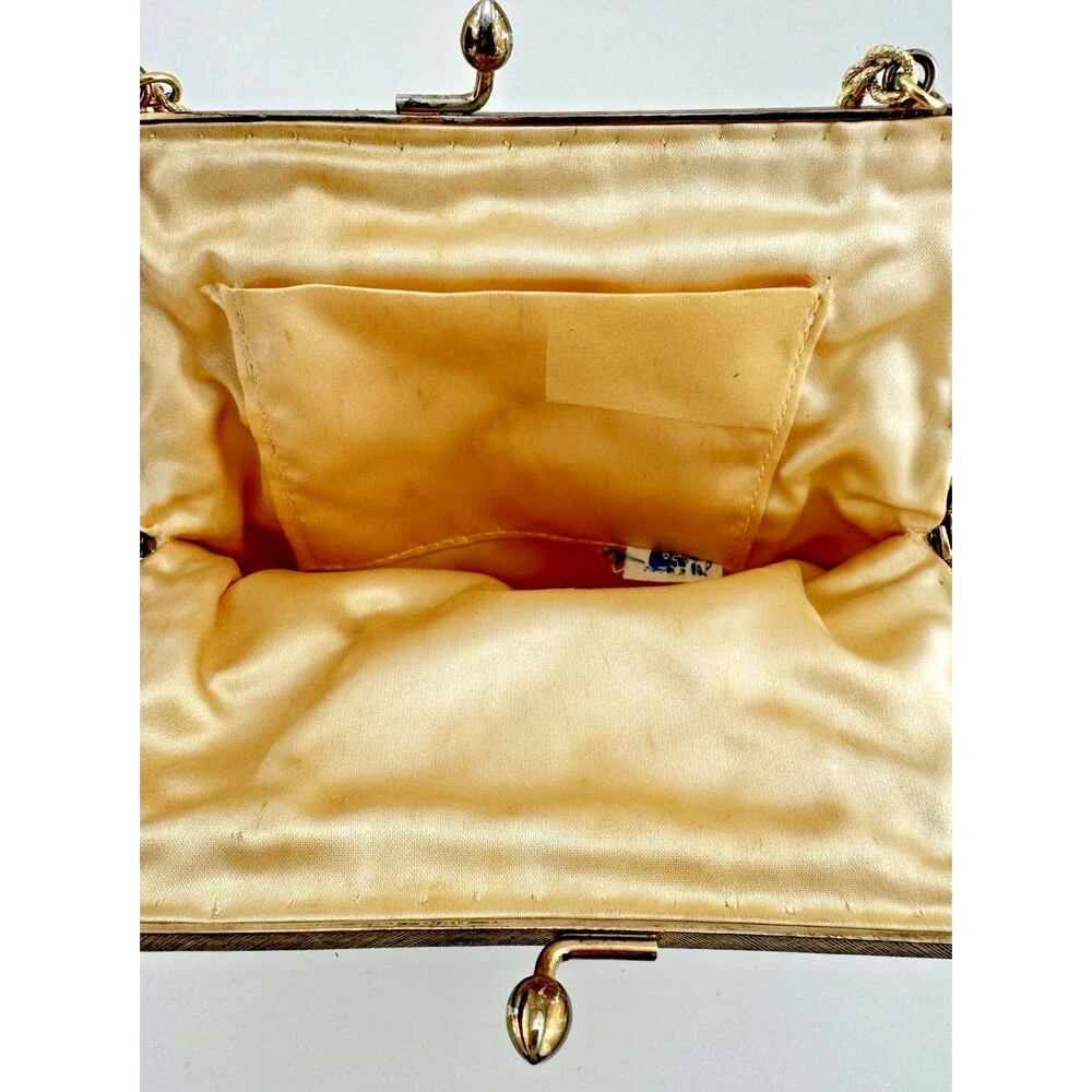 Vintage Made in Japan Gold Filigree Evening Bag Rhinestone Kiss Lock Purse